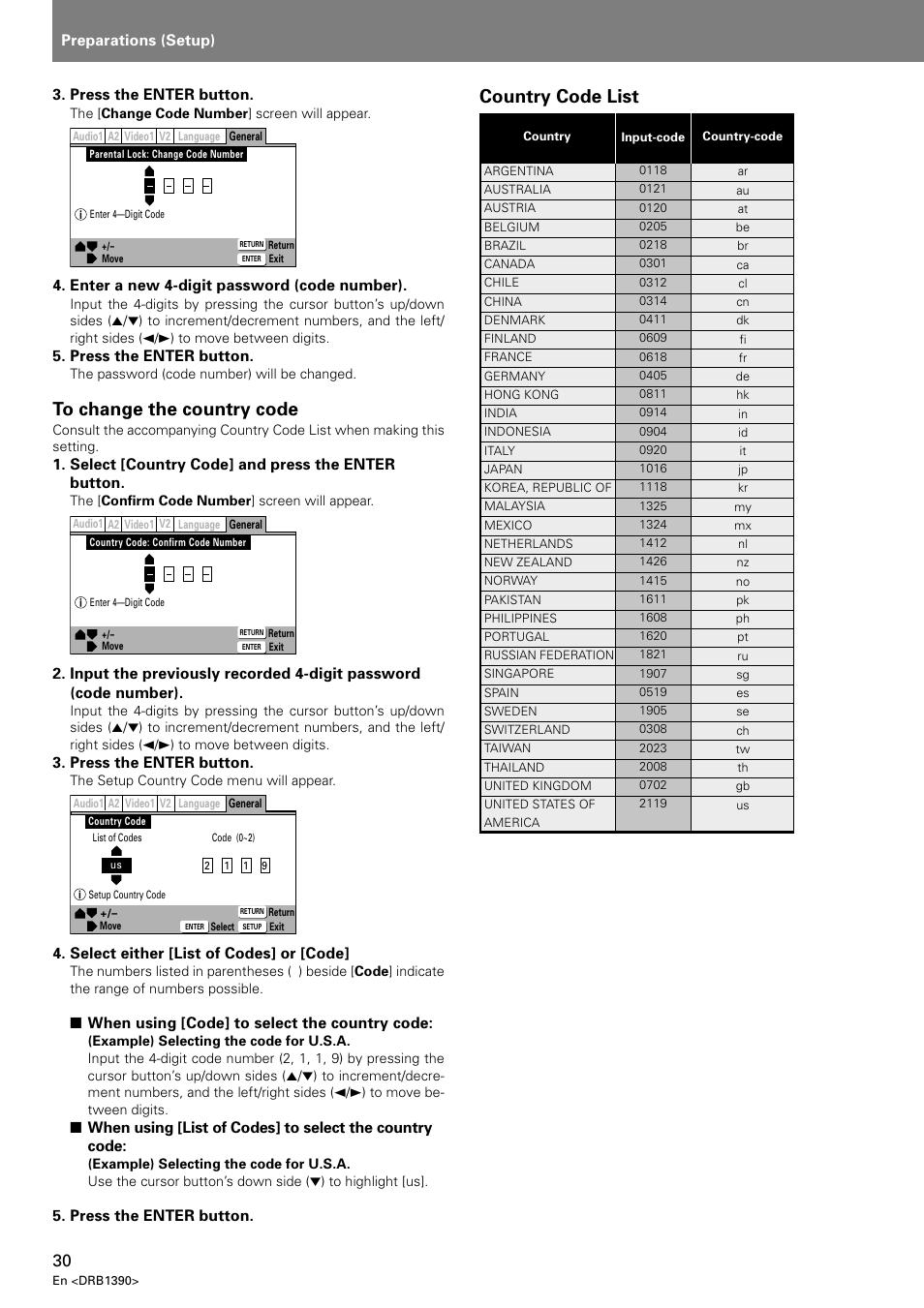 Country code list, Preparations (setup), Press the enter button | Enter a new 4-digit password (code number), Select [country code] and press the enter button, Select either [list of codes] or [code, When using [code] to select the country code | Pioneer DVJ-X1 User Manual | Page 32 / 103