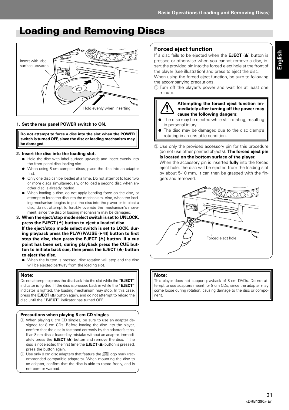 Loading and removing discs, English, Forced eject function | Pioneer DVJ-X1 User Manual | Page 33 / 103