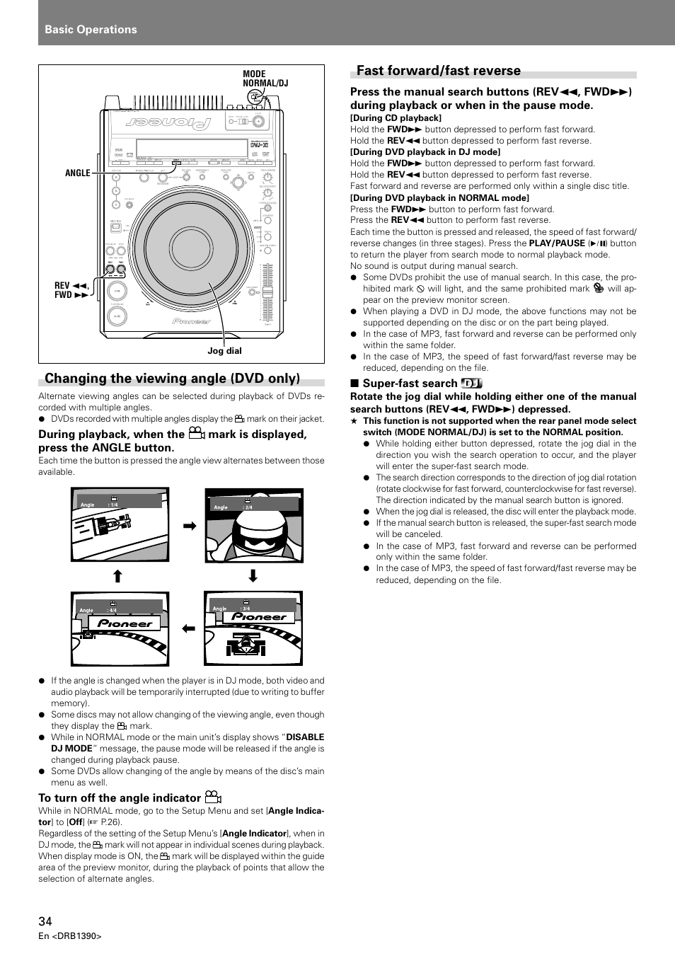 Fast forward/fast reverse, Changing the viewing angle (dvd only) | Pioneer DVJ-X1 User Manual | Page 36 / 103