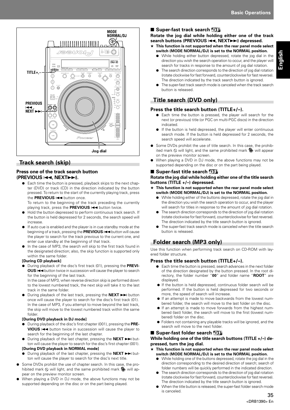 English, Track search (skip), Title search (dvd only) | Folder search (mp3 only) | Pioneer DVJ-X1 User Manual | Page 37 / 103