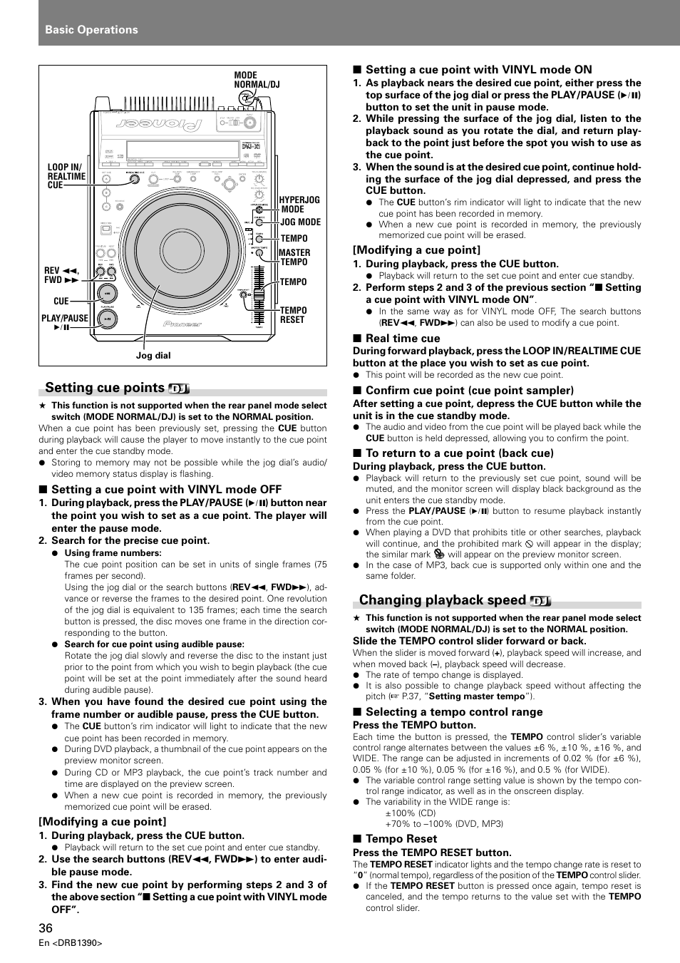 Setting cue points changing playback speed, Setting cue points, Changing playback speed | Pioneer DVJ-X1 User Manual | Page 38 / 103