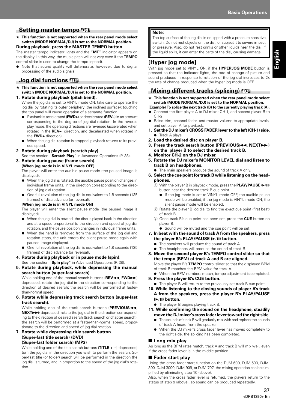 English, Setting master tempo, Jog dial functions | Hyper jog mode, Mixing different tracks (splicing) | Pioneer DVJ-X1 User Manual | Page 39 / 103