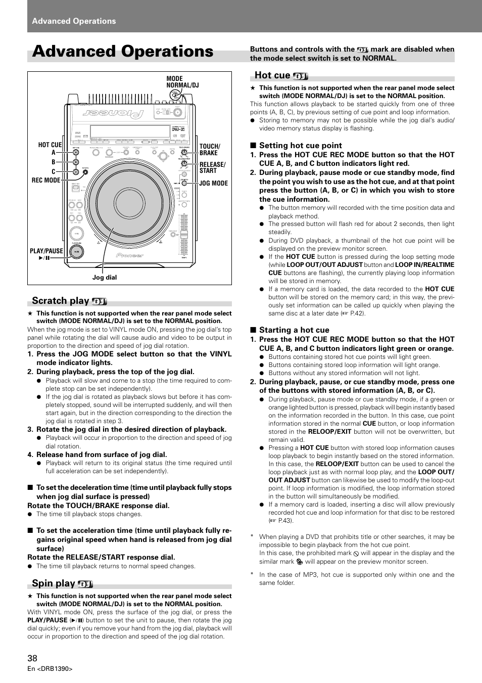 Advanced operations, Scratch play spin play hot cue, Scratch play | Spin play, Hot cue | Pioneer DVJ-X1 User Manual | Page 40 / 103