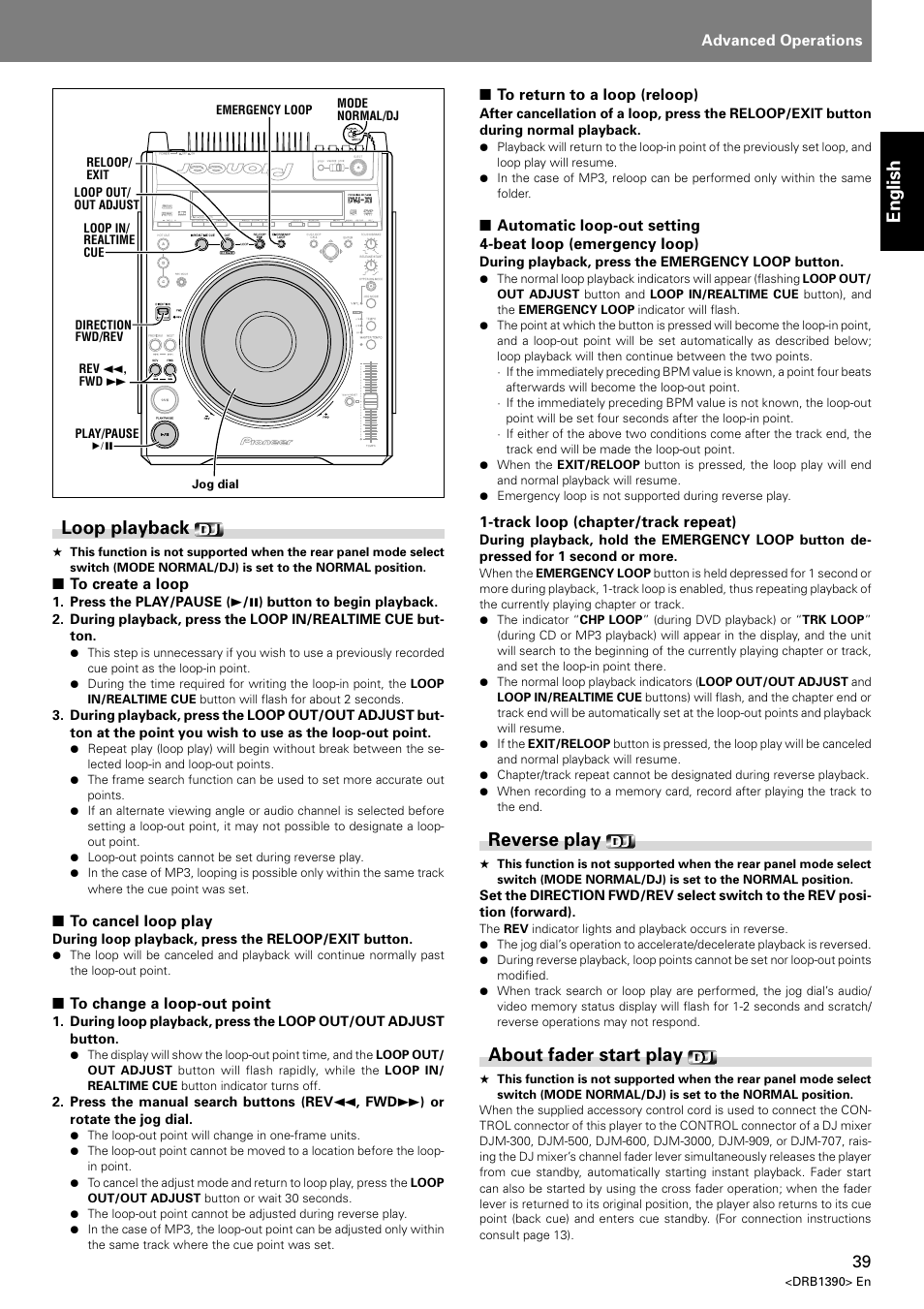 Loop playback reverse play about fader start play, English, Loop playback | Reverse play, About fader start play | Pioneer DVJ-X1 User Manual | Page 41 / 103