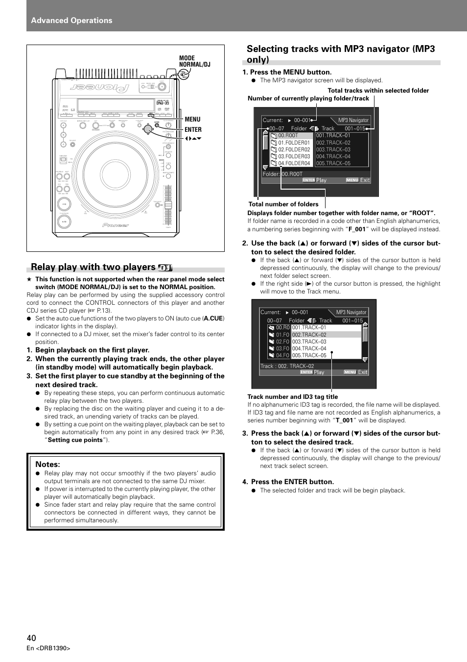 Relay play with two players, Selecting tracks with mp3 navigator (mp3 only), Advanced operations | Pioneer DVJ-X1 User Manual | Page 42 / 103