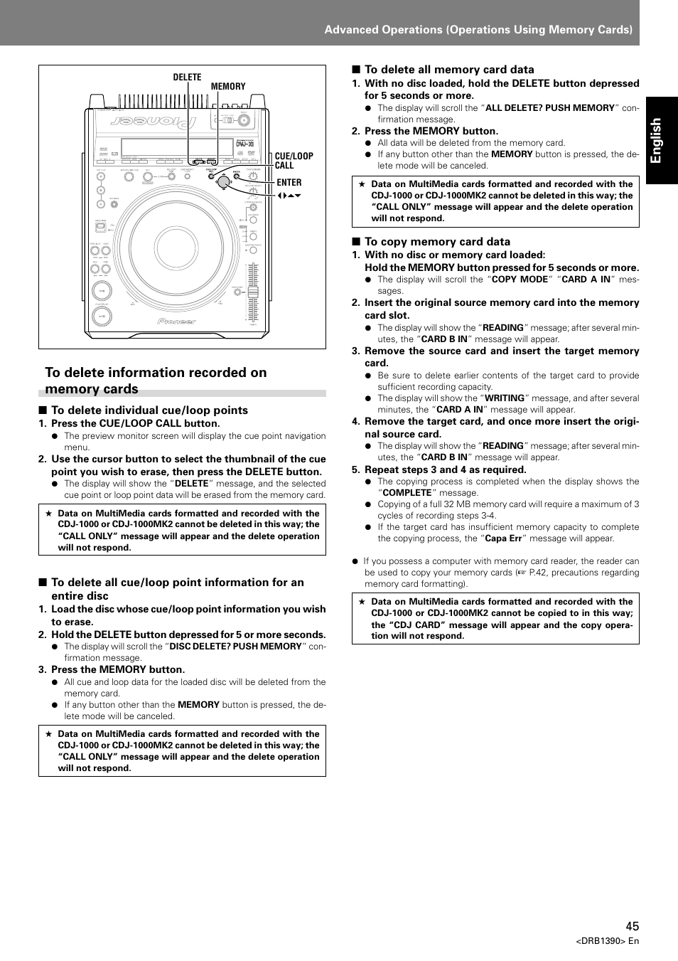 To delete information recorded on memory cards, English | Pioneer DVJ-X1 User Manual | Page 47 / 103