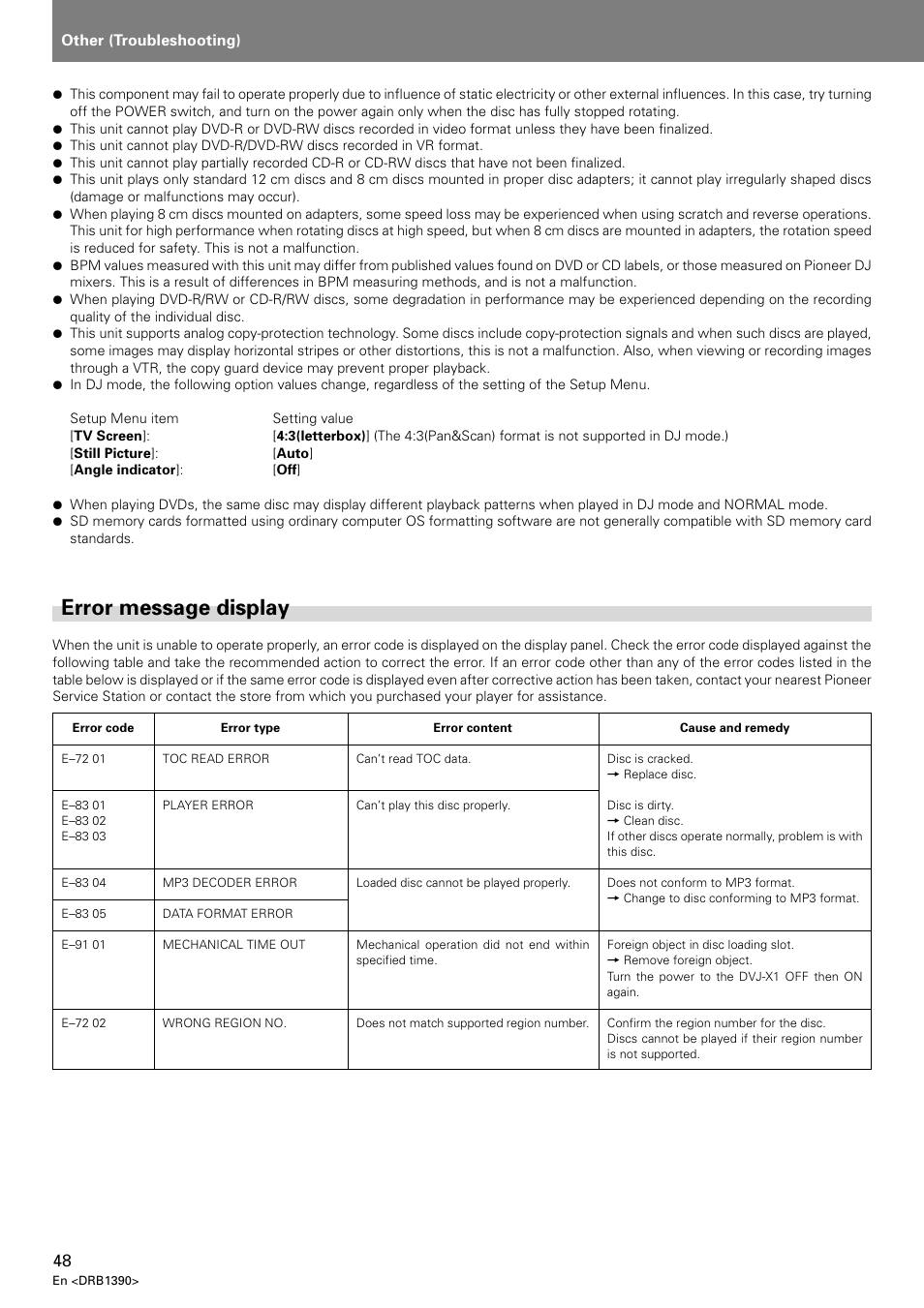 Error message display | Pioneer DVJ-X1 User Manual | Page 50 / 103
