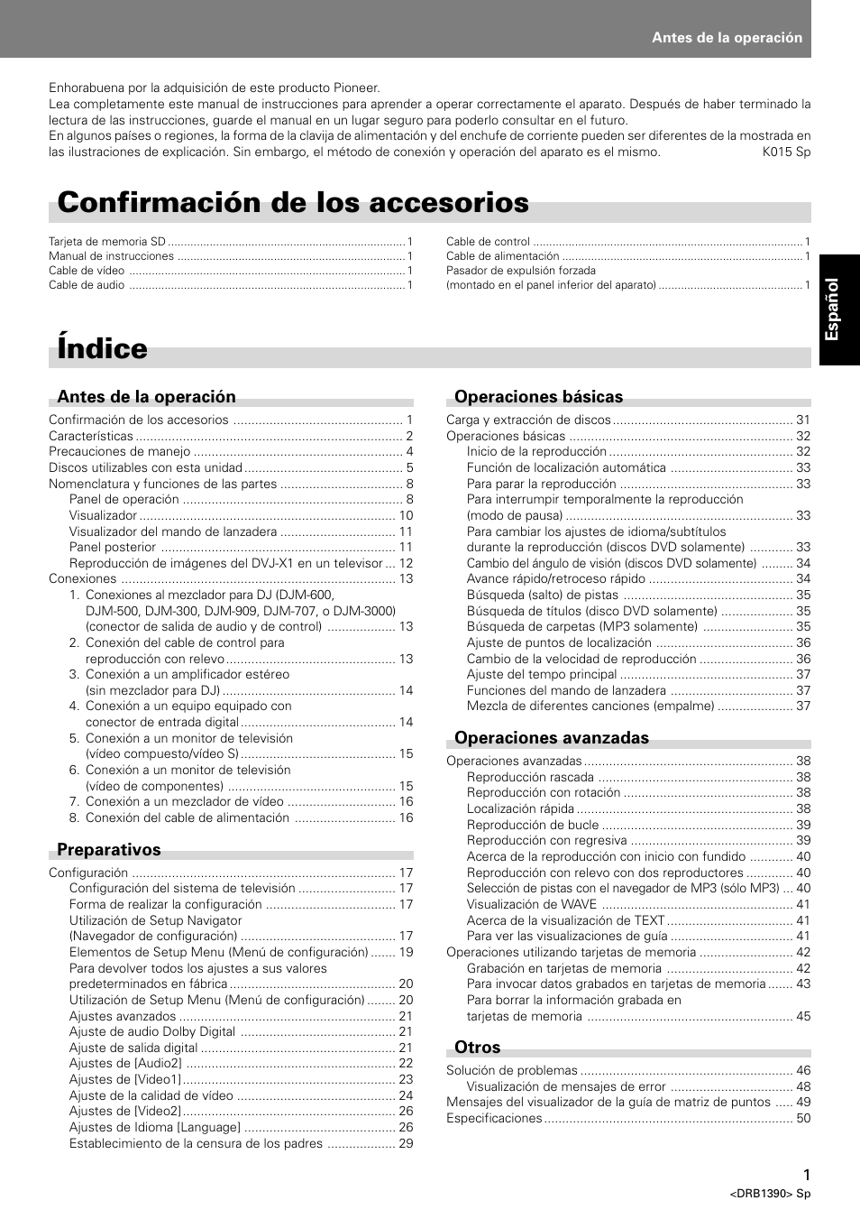 Manual de instrucciones, Índice, Confirmación de los accesorios | Español, Antes de la operación, Preparativos, Operaciones básicas, Operaciones avanzadas, Otros | Pioneer DVJ-X1 User Manual | Page 53 / 103