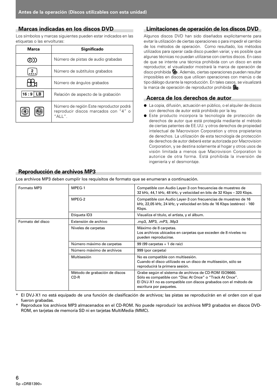 Limitaciones de operación de los discos dvd, Acerca de los derechos de autor, Reproducción de archivos mp3 | Marcas indicadas en los discos dvd | Pioneer DVJ-X1 User Manual | Page 58 / 103