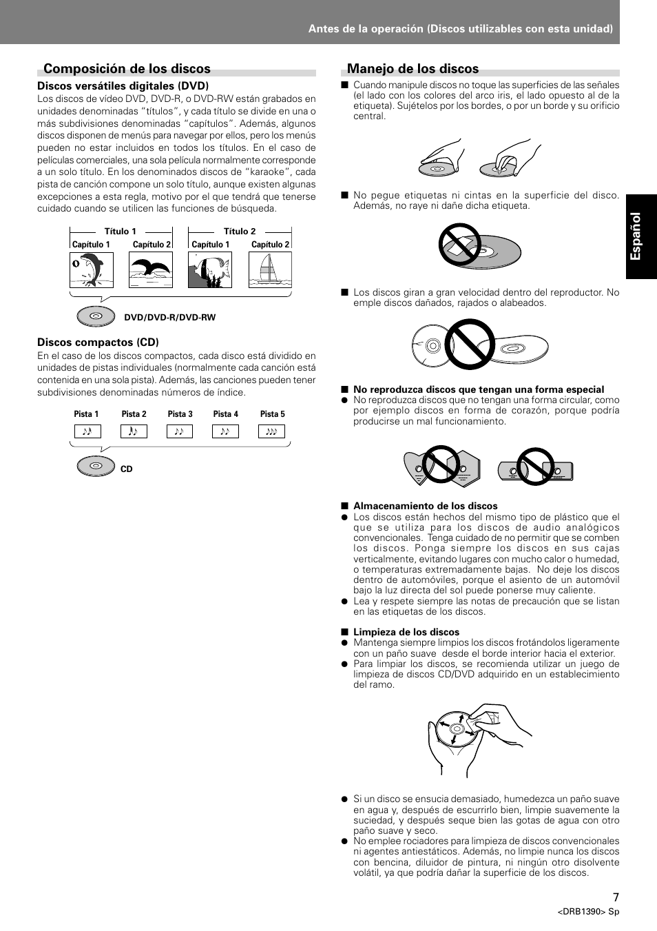 Espa ñ ol, Manejo de los discos, Composición de los discos | Pioneer DVJ-X1 User Manual | Page 59 / 103