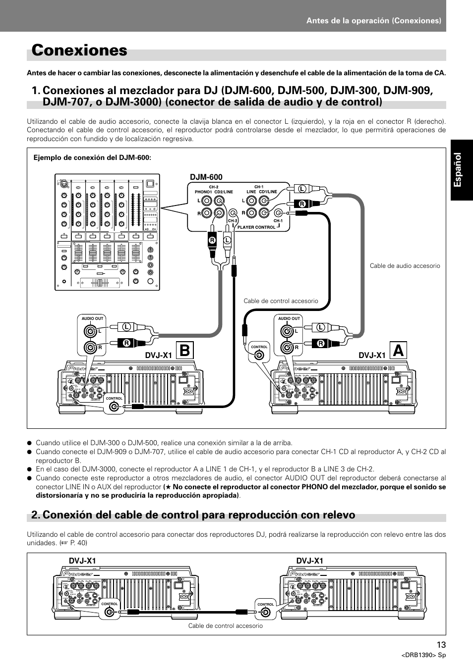 Conexiones, Conexiones al mezclador para dj (djm-600, Conexión del cable de control para | Reproducción con relevo, Aconexiones, Español, Antes de la operación (conexiones), Djm-600 dvj-x1, Dvj-x1, Drb1390> sp | Pioneer DVJ-X1 User Manual | Page 65 / 103
