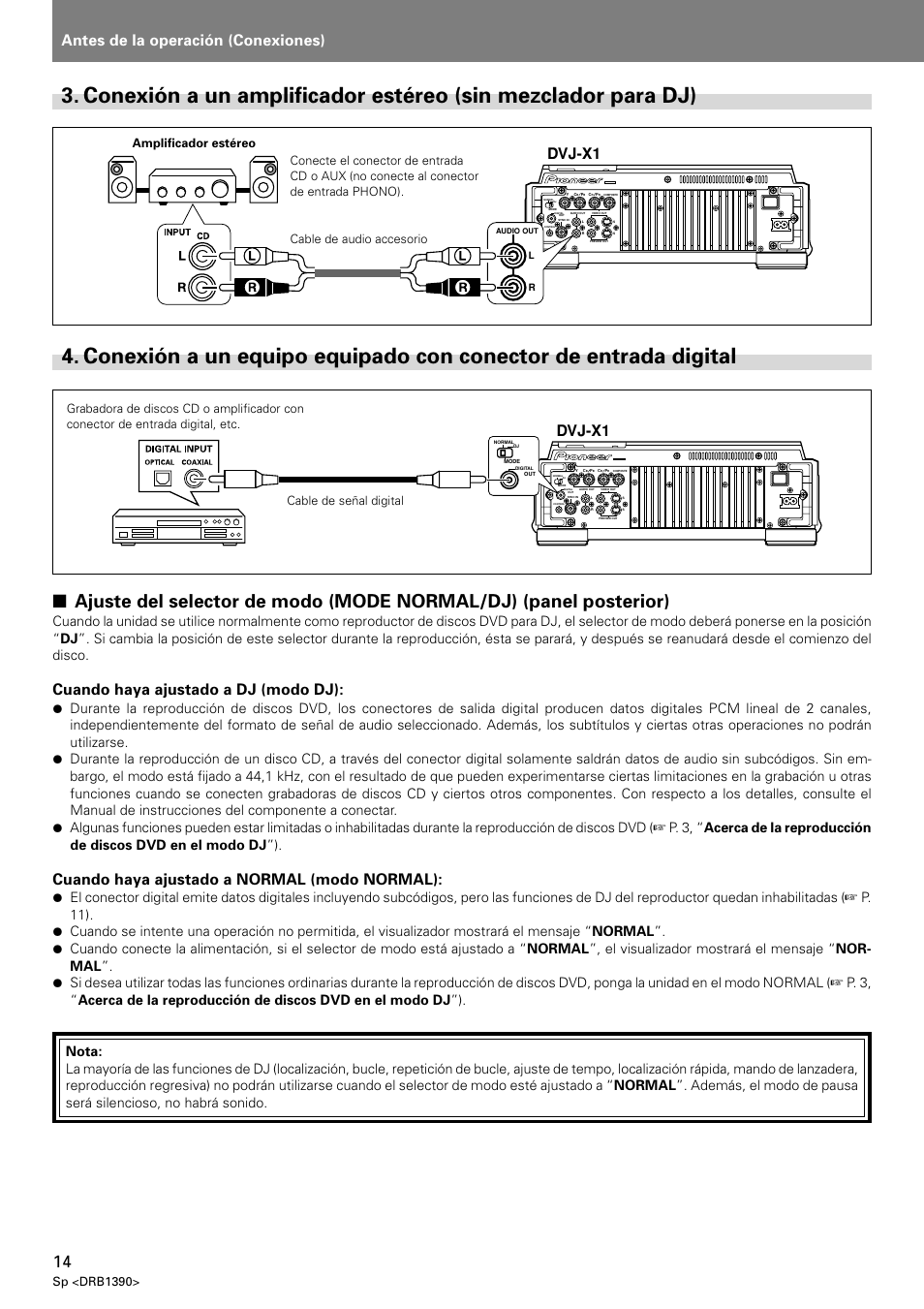 Conexión a un amplificador estéreo, Sin mezclador para dj), Conexión a un equipo equipado con | Conector de entrada digital, Antes de la operación (conexiones), Dvj-x1, Cuando haya ajustado a dj (modo dj), Cuando haya ajustado a normal (modo normal), Sp <drb1390 | Pioneer DVJ-X1 User Manual | Page 66 / 103