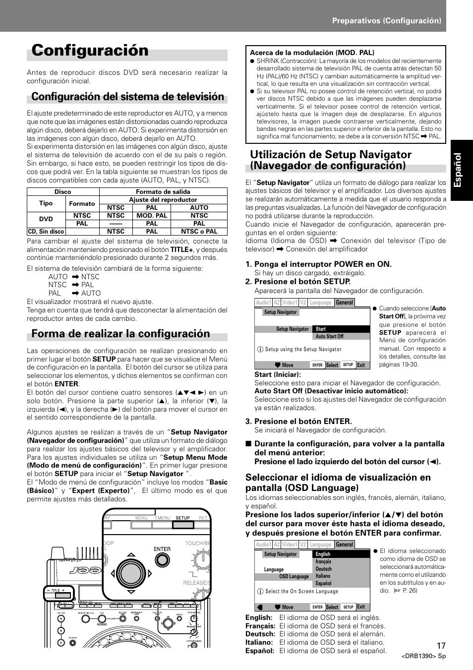 Configuración, Configuración del sistema de televisión, Forma de realizar la configuración | Español | Pioneer DVJ-X1 User Manual | Page 69 / 103