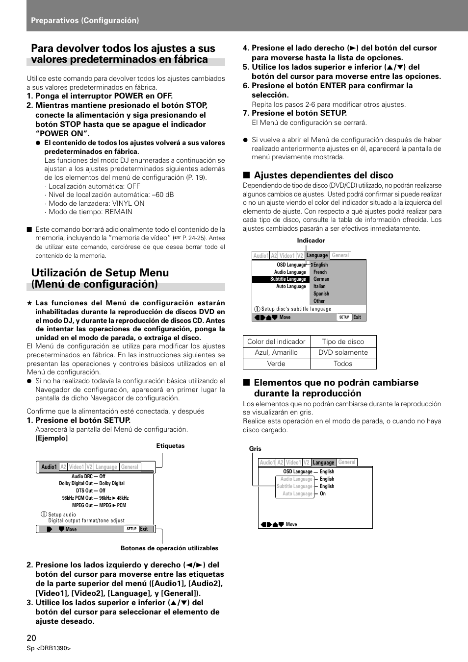 Utilización de setup menu (menú de configuración), Ajustes dependientes del disco | Pioneer DVJ-X1 User Manual | Page 72 / 103