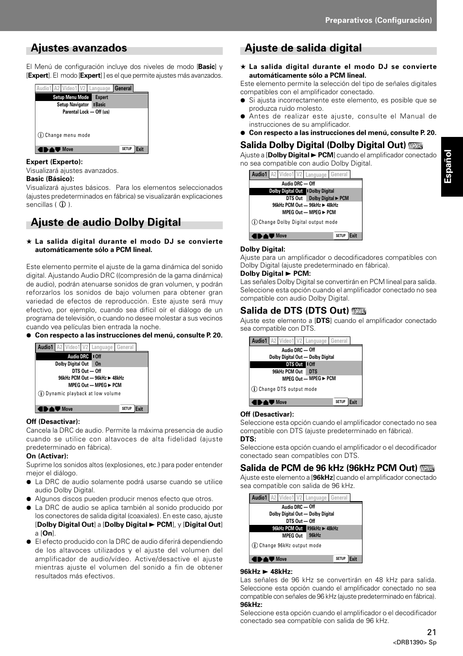Ajustes avanzados, Ajuste de audio dolby digital, Ajuste de salida digital | Espa ñ ol, Salida dolby digital (dolby digital out), Salida de dts (dts out), Salida de pcm de 96 khz (96khz pcm out), Preparativos (configuración) | Pioneer DVJ-X1 User Manual | Page 73 / 103