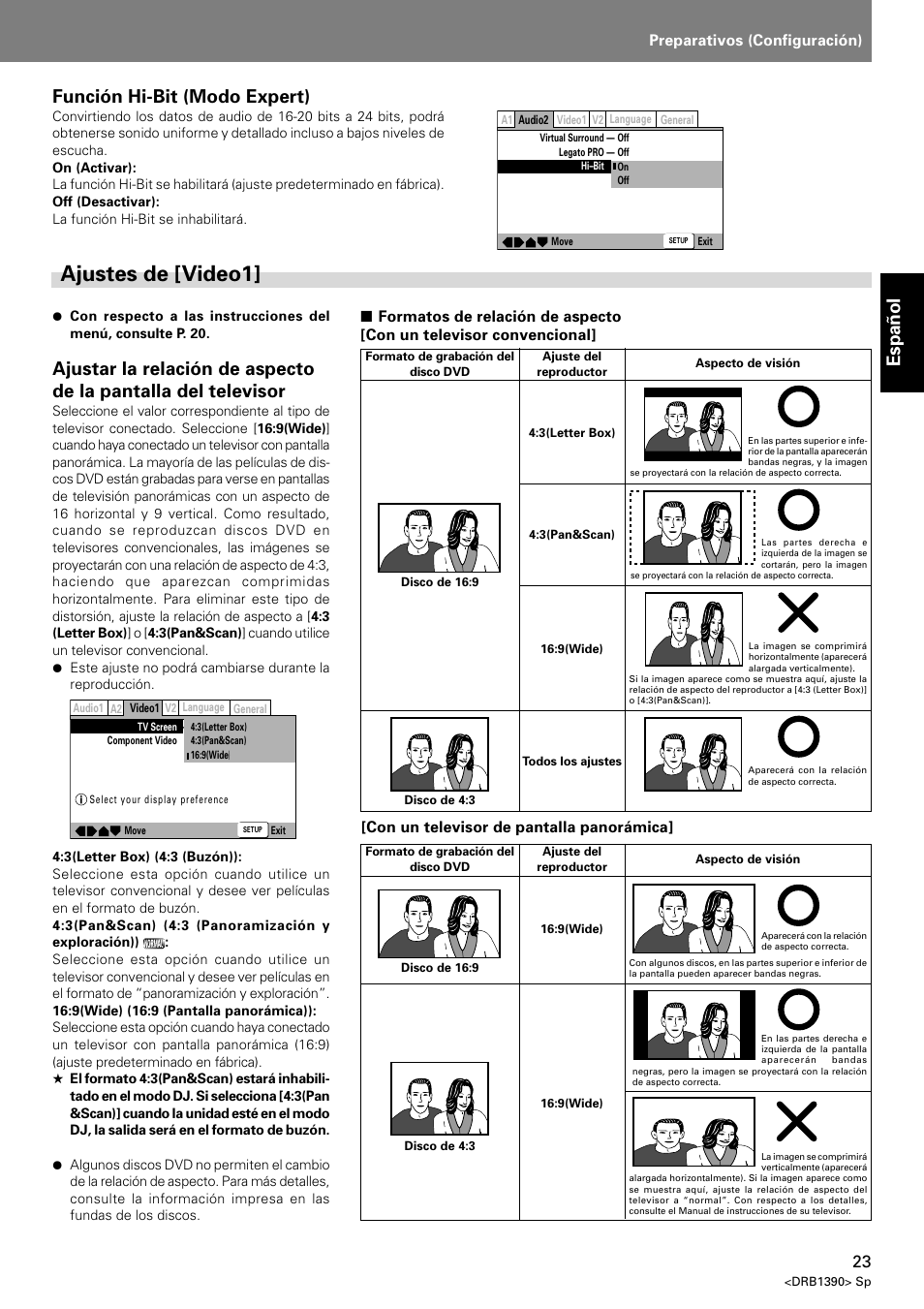 Ajustes de [video1, Espa ñ ol, Función hi-bit (modo expert) | Preparativos (configuración) | Pioneer DVJ-X1 User Manual | Page 75 / 103