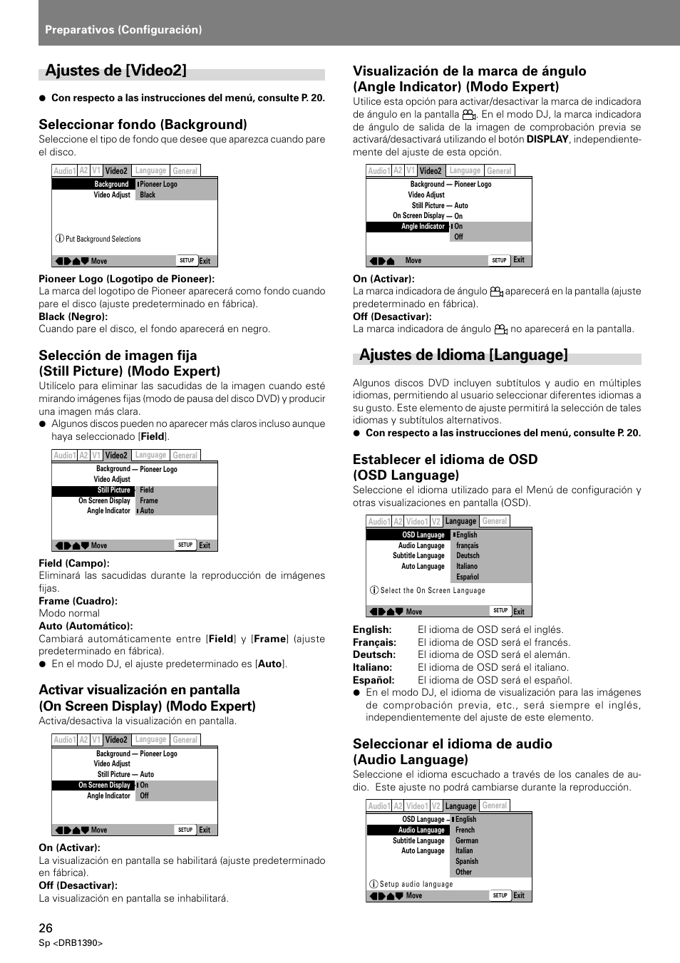 Ajustes de [video2] ajustes de idioma [language, Ajustes de [video2, Ajustes de idioma [language | Seleccionar fondo (background), Establecer el idioma de osd (osd language), Seleccionar el idioma de audio (audio language), Preparativos (configuración) | Pioneer DVJ-X1 User Manual | Page 78 / 103