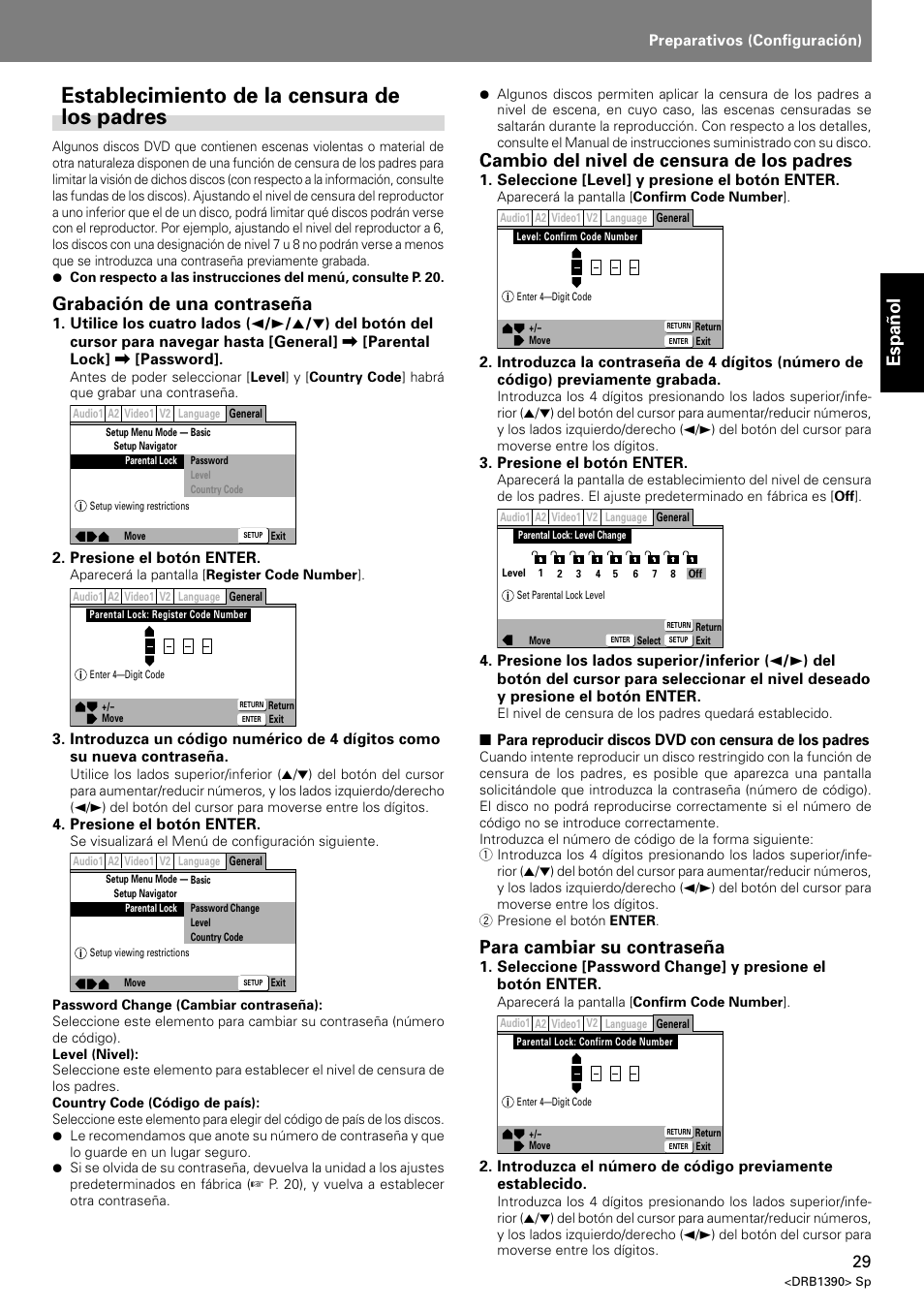 Establecimiento de la censura de los padres, Espa ñ ol, Grabación de una contraseña | Cambio del nivel de censura de los padres, Para cambiar su contraseña | Pioneer DVJ-X1 User Manual | Page 81 / 103