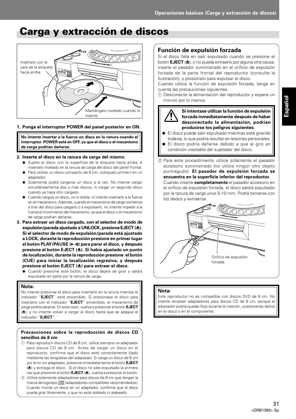 Carga y extracción de discos, Español, Función de expulsión forzada | Pioneer DVJ-X1 User Manual | Page 83 / 103
