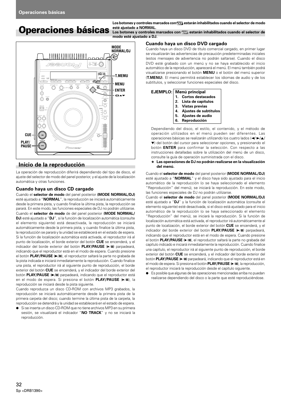 Operaciones básicas, Inicio de la reproducción | Pioneer DVJ-X1 User Manual | Page 84 / 103