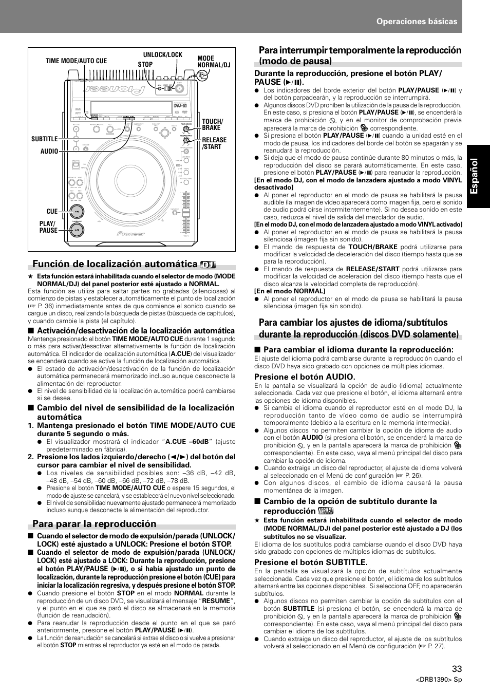 Espa ñ ol, Función de localización automática, Para parar la reproducción | Pioneer DVJ-X1 User Manual | Page 85 / 103