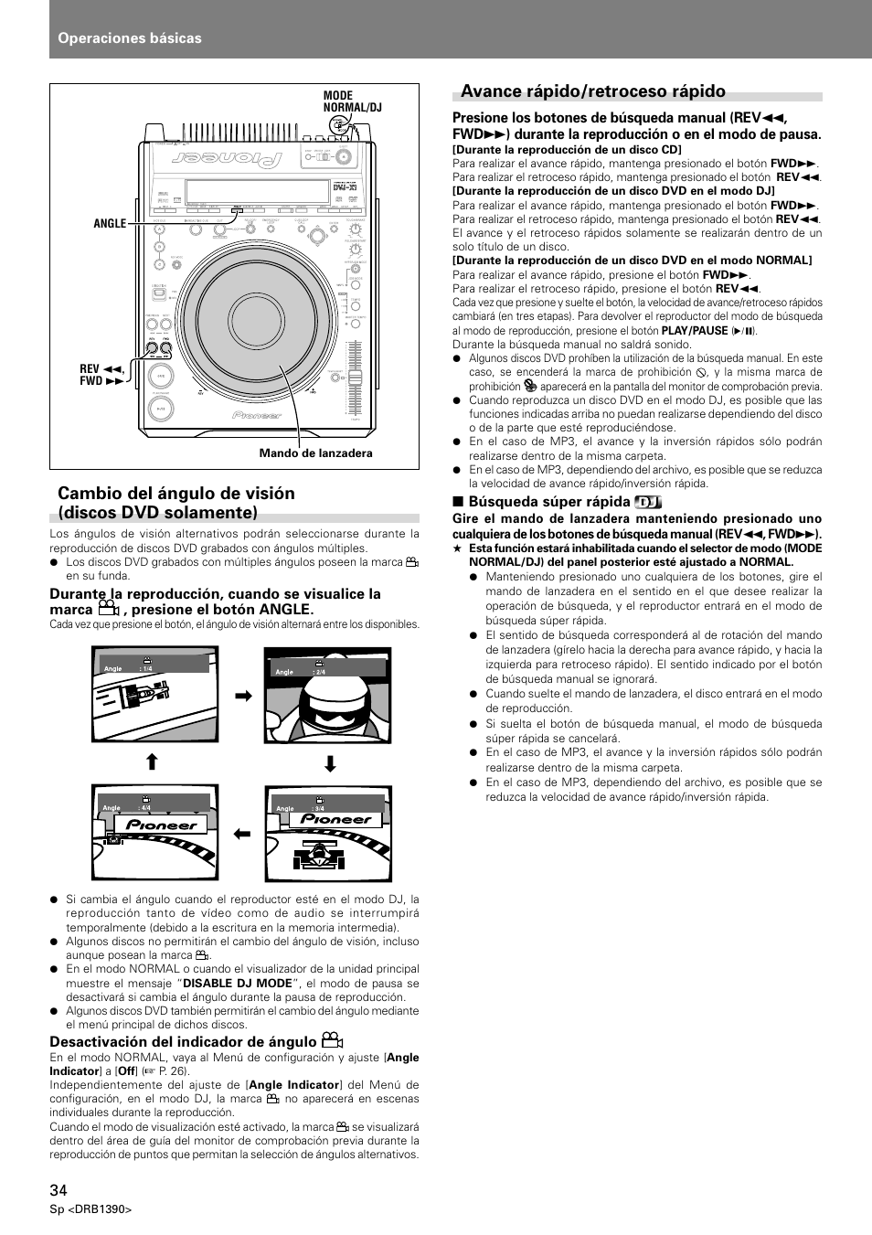 Avance rápido/retroceso rápido, Cambio del ángulo de visión (discos dvd solamente) | Pioneer DVJ-X1 User Manual | Page 86 / 103