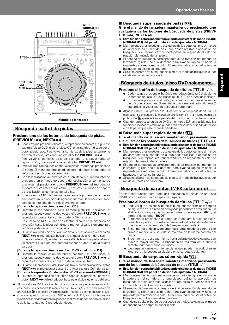 Espa ñ ol, Búsqueda (salto) de pistas, Búsqueda de títulos (disco dvd solamente) | Búsqueda de carpetas (mp3 solamente) | Pioneer DVJ-X1 User Manual | Page 87 / 103