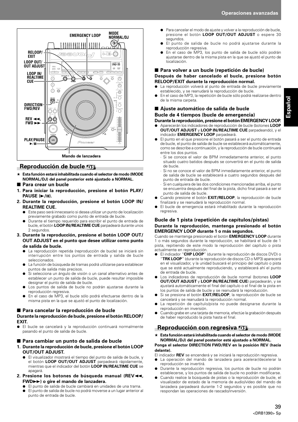 Reproducción de bucle reproducción con regresiva, Español reproducción de bucle, Reproducción con regresiva | Pioneer DVJ-X1 User Manual | Page 91 / 103