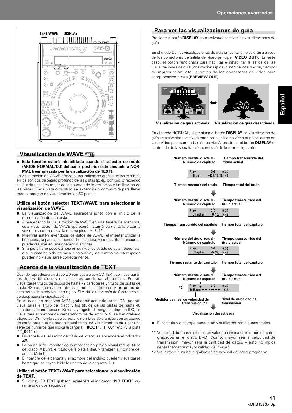 Espa ñ ol para ver las visualizaciones de guía, Visualización de wave, Acerca de la visualización de text | Operaciones avanzadas | Pioneer DVJ-X1 User Manual | Page 93 / 103