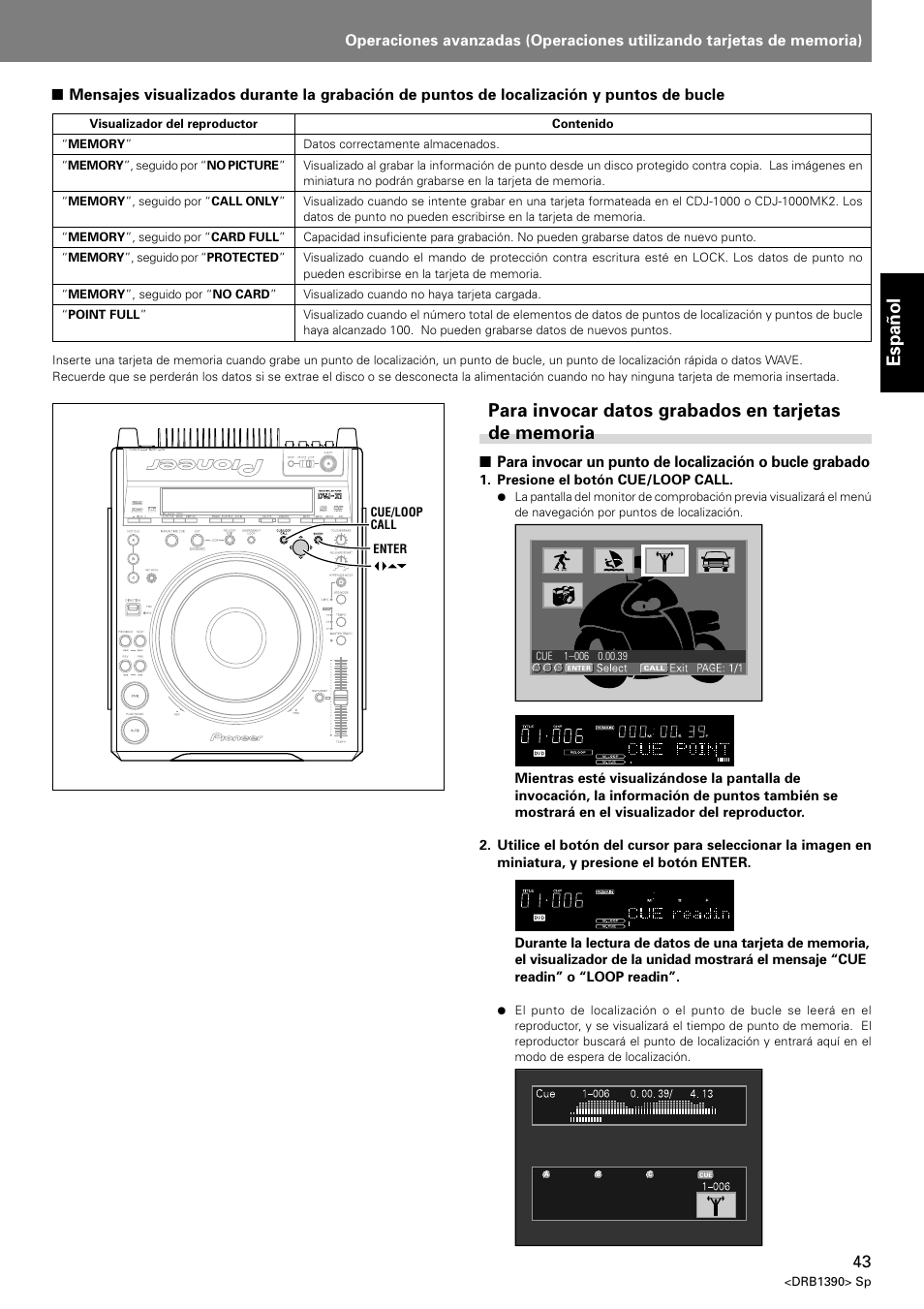 Para invocar datos grabados en tarjetas de memoria, Espa ñ ol | Pioneer DVJ-X1 User Manual | Page 95 / 103