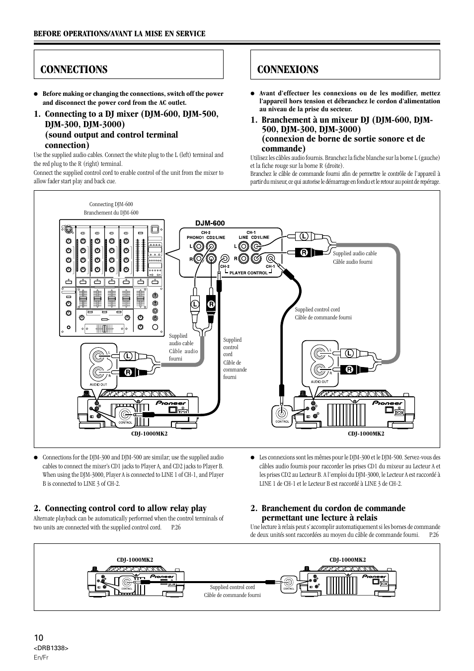 Connexions, Connections, Connecting control cord to allow relay play | Pioneer CDJ-1000 MK2 User Manual | Page 10 / 96