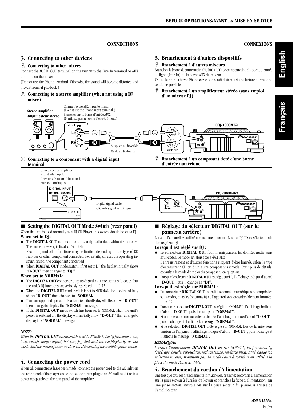 English fran ç ais, 7 setting the digital out mode switch (rear panel), Connecting the power cord | Connecting to other devices, Branchement à d’autres dispositifs, Branchement du cordon d’alimentation | Pioneer CDJ-1000 MK2 User Manual | Page 11 / 96