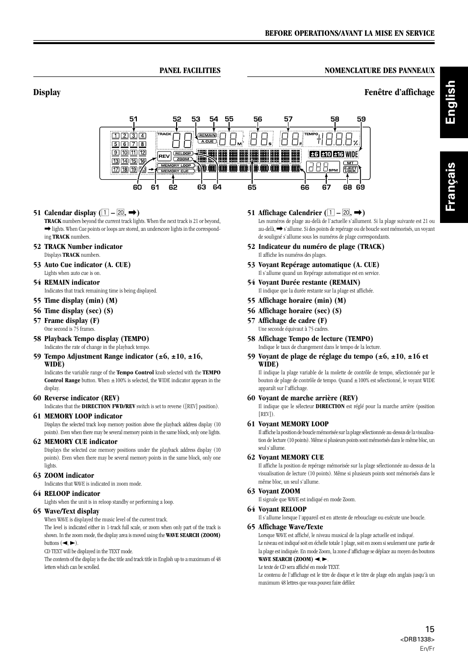 Fenêtre d’affichage, Display, English fran ç ais | Pioneer CDJ-1000 MK2 User Manual | Page 15 / 96