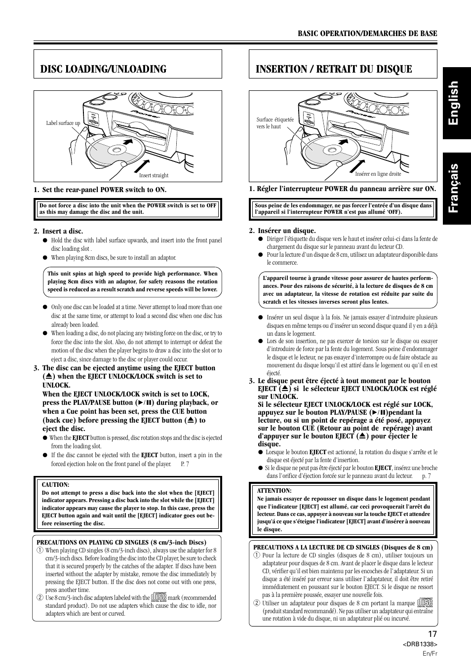 Insertion/retrait du disque, Disc loading / unloading, English français | Disc loading/unloading, Insertion / retrait du disque | Pioneer CDJ-1000 MK2 User Manual | Page 17 / 96