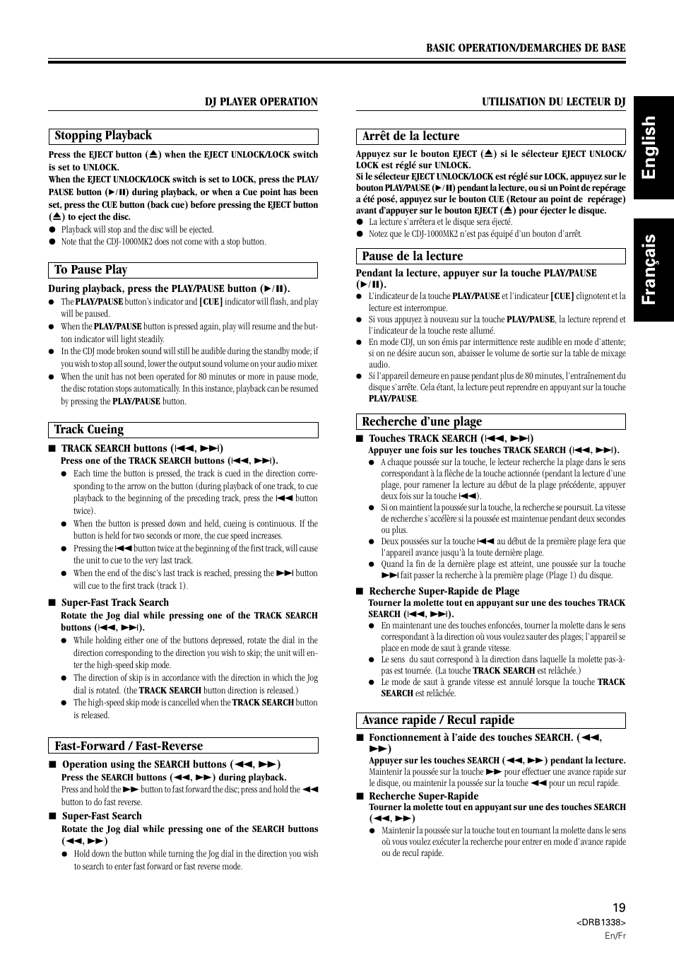 English fran ç ais, Stopping playback, Track cueing | Fast-forward / fast-reverse, Arrêt de la lecture, Pause de la lecture, Recherche d’une plage, Avance rapide / recul rapide | Pioneer CDJ-1000 MK2 User Manual | Page 19 / 96