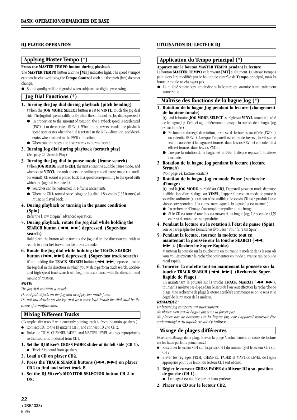 Mixage de plages différentes, Application du tempo principal (*), Maîtrise des fonctions de la bague jog (*) | Applying master tempo (*), Jog dial functions (*), Mixing different tracks | Pioneer CDJ-1000 MK2 User Manual | Page 22 / 96