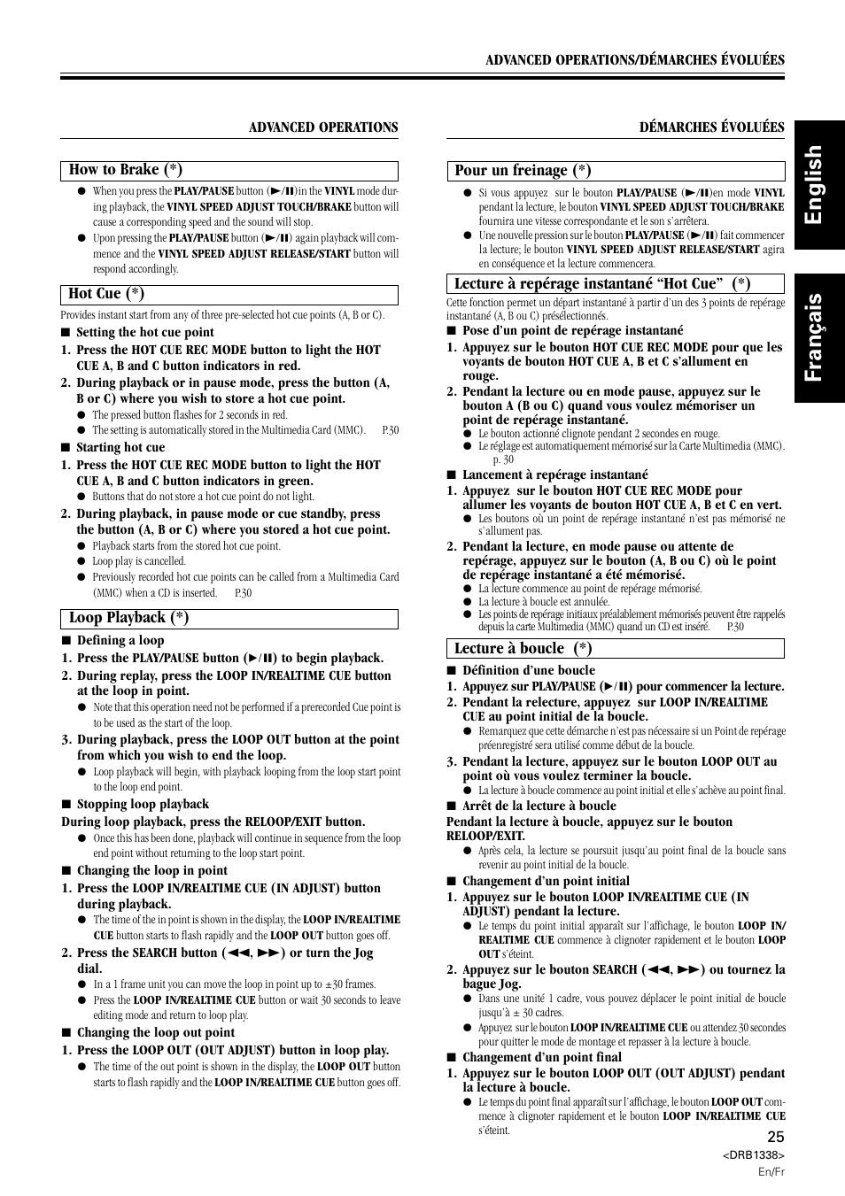 How to brake hot cue loop playback, English français, Lecture à boucle (*) | Pour un freinage (*), Lecture à repérage instantané “hot cue” (*), Loop playback (*), Hot cue (*), How to brake (*) | Pioneer CDJ-1000 MK2 User Manual | Page 25 / 96