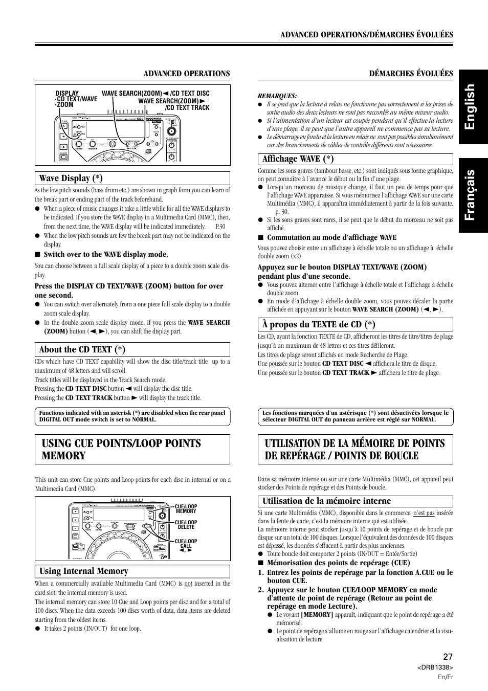 Affichage wave à propos du texte de cd, Utilisation de la mémoire interne, Wave display about the cd text | Using cue points / loop points memory, Using internal memory, English français, Wave display (*), About the cd text (*), Affichage wave (*), À propos du texte de cd (*) | Pioneer CDJ-1000 MK2 User Manual | Page 27 / 96