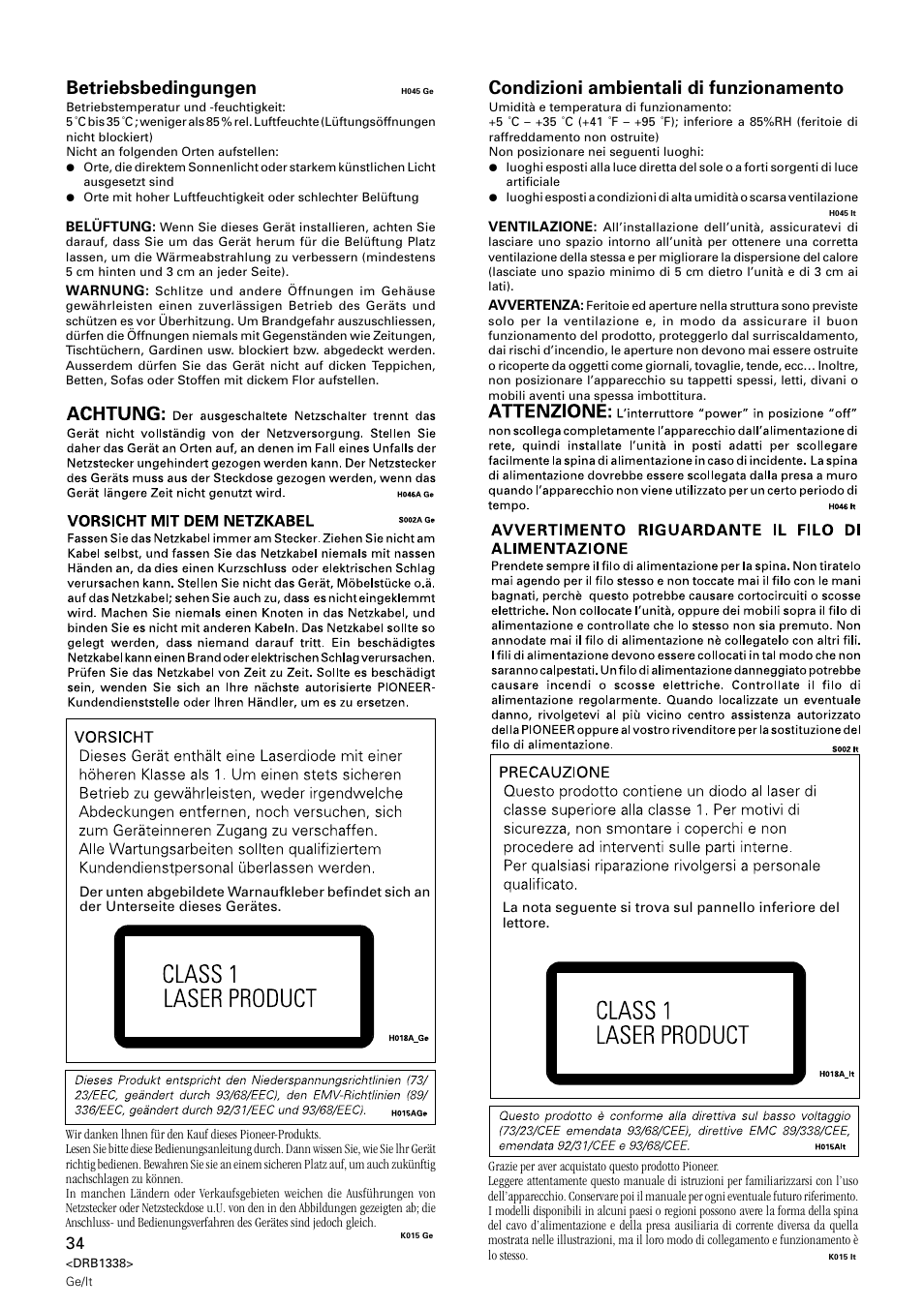 Betriebsbedingungen, Condizioni ambientali di funzionamento | Pioneer CDJ-1000 MK2 User Manual | Page 34 / 96