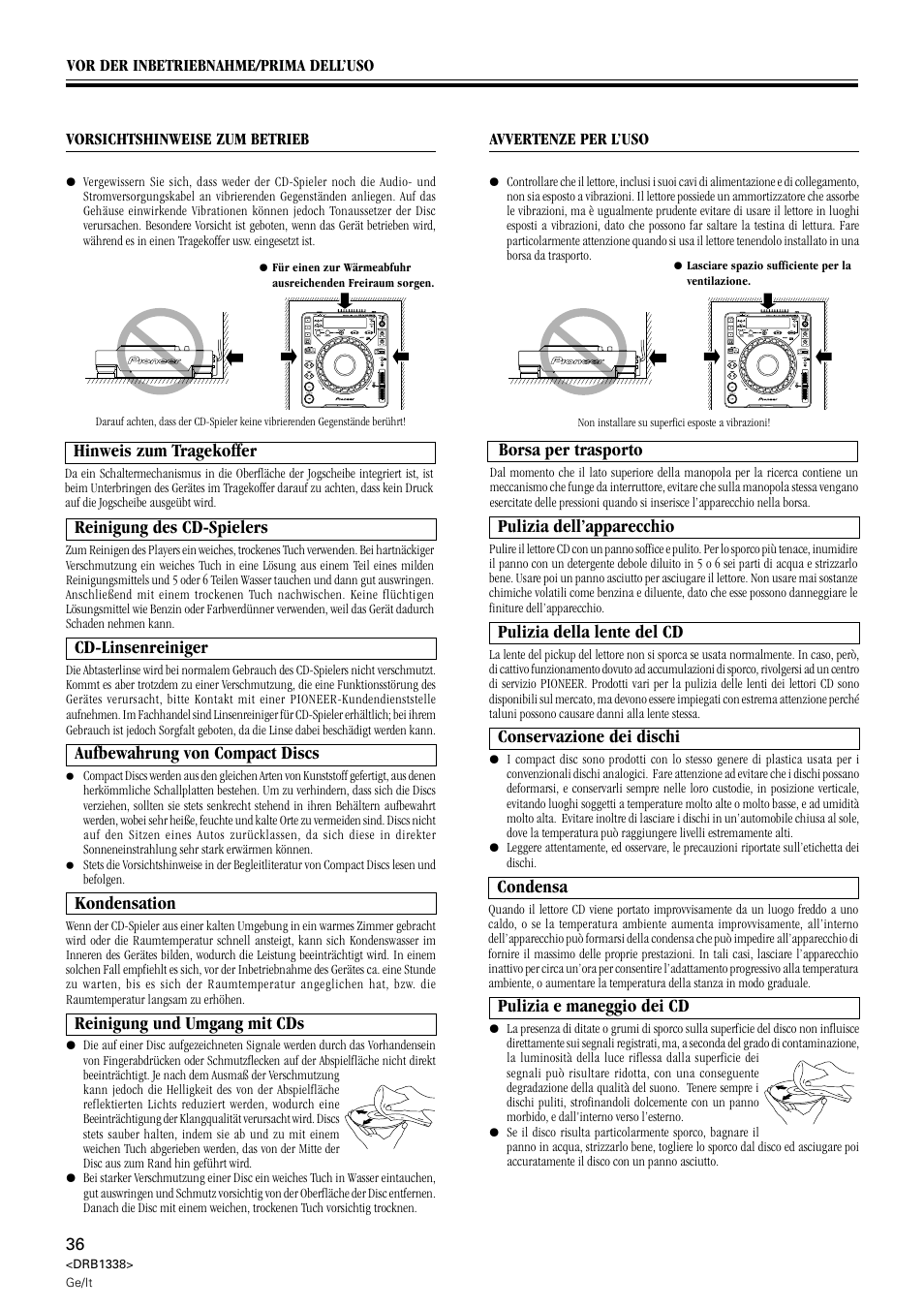 Reinigung des cd-spielers, Cd-linsenreiniger, Aufbewahrung von compact discs | Kondensation, Pulizia dell’apparecchio, Pulizia della lente del cd, Condensa, Reinigung und umgang mit cds, Pulizia e maneggio dei cd, Conservazione dei dischi | Pioneer CDJ-1000 MK2 User Manual | Page 36 / 96