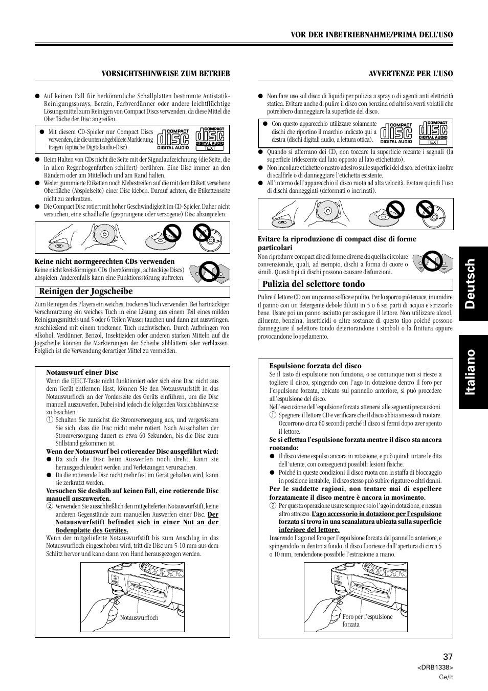 Deutsch italiano, Reinigen der jogscheibe, Pulizia del selettore tondo | Pioneer CDJ-1000 MK2 User Manual | Page 37 / 96