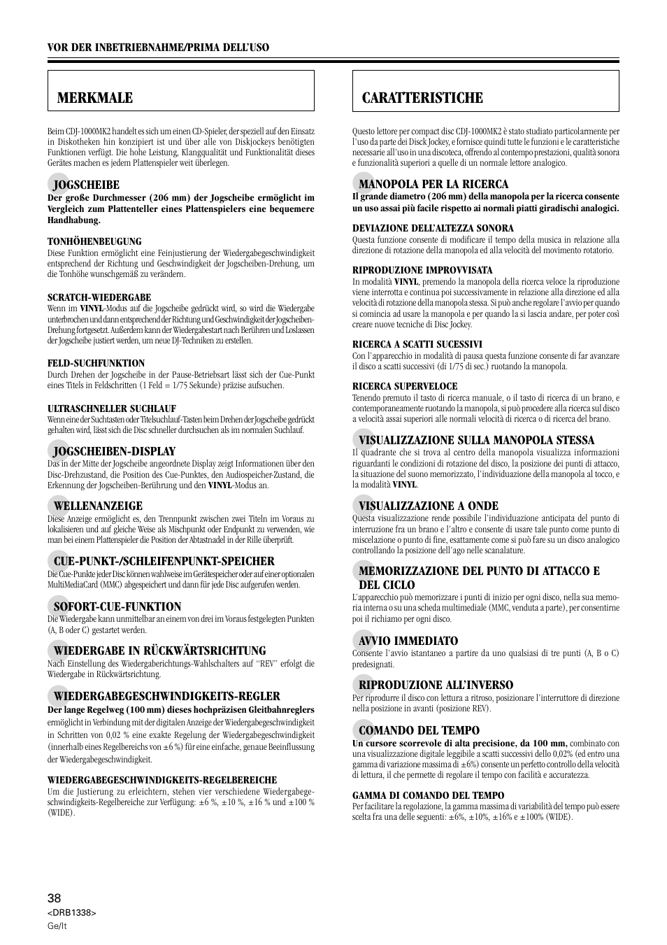 Merkmale, Caratteristiche | Pioneer CDJ-1000 MK2 User Manual | Page 38 / 96