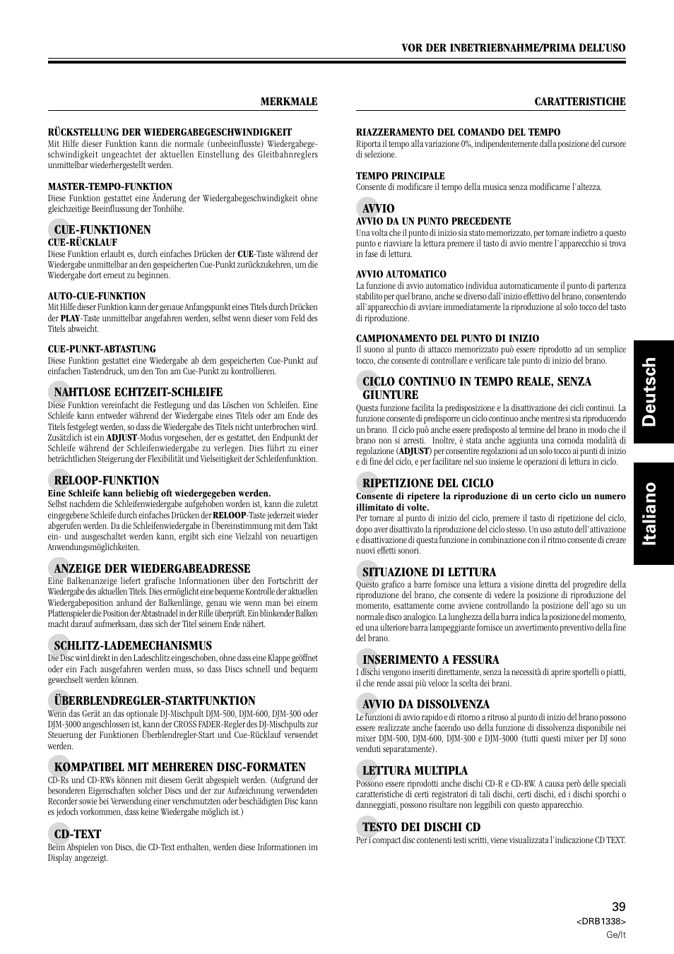 Deutsch italiano | Pioneer CDJ-1000 MK2 User Manual | Page 39 / 96