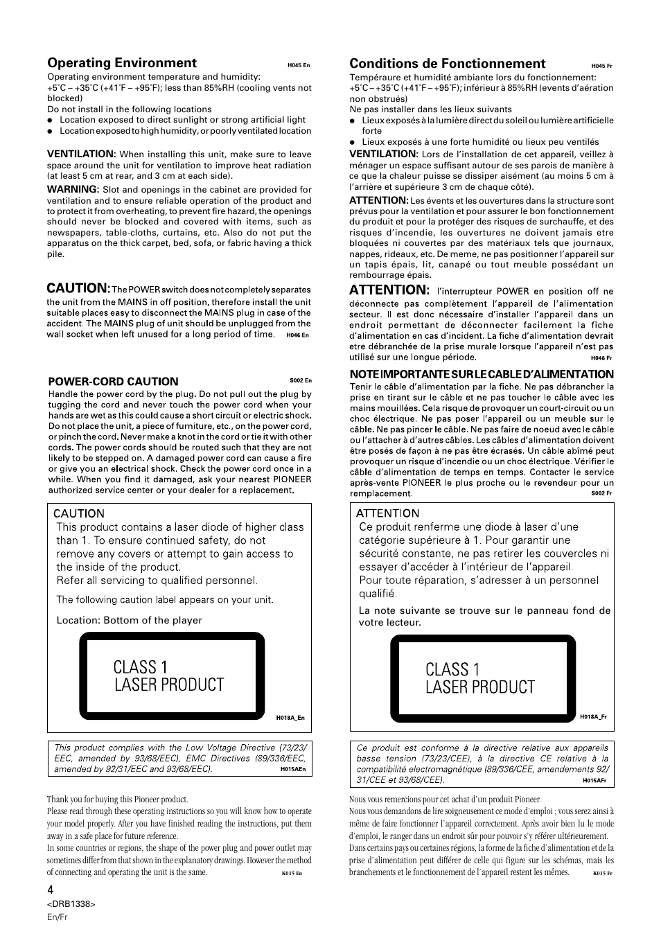 Operating environment, Conditions de fonctionnement | Pioneer CDJ-1000 MK2 User Manual | Page 4 / 96