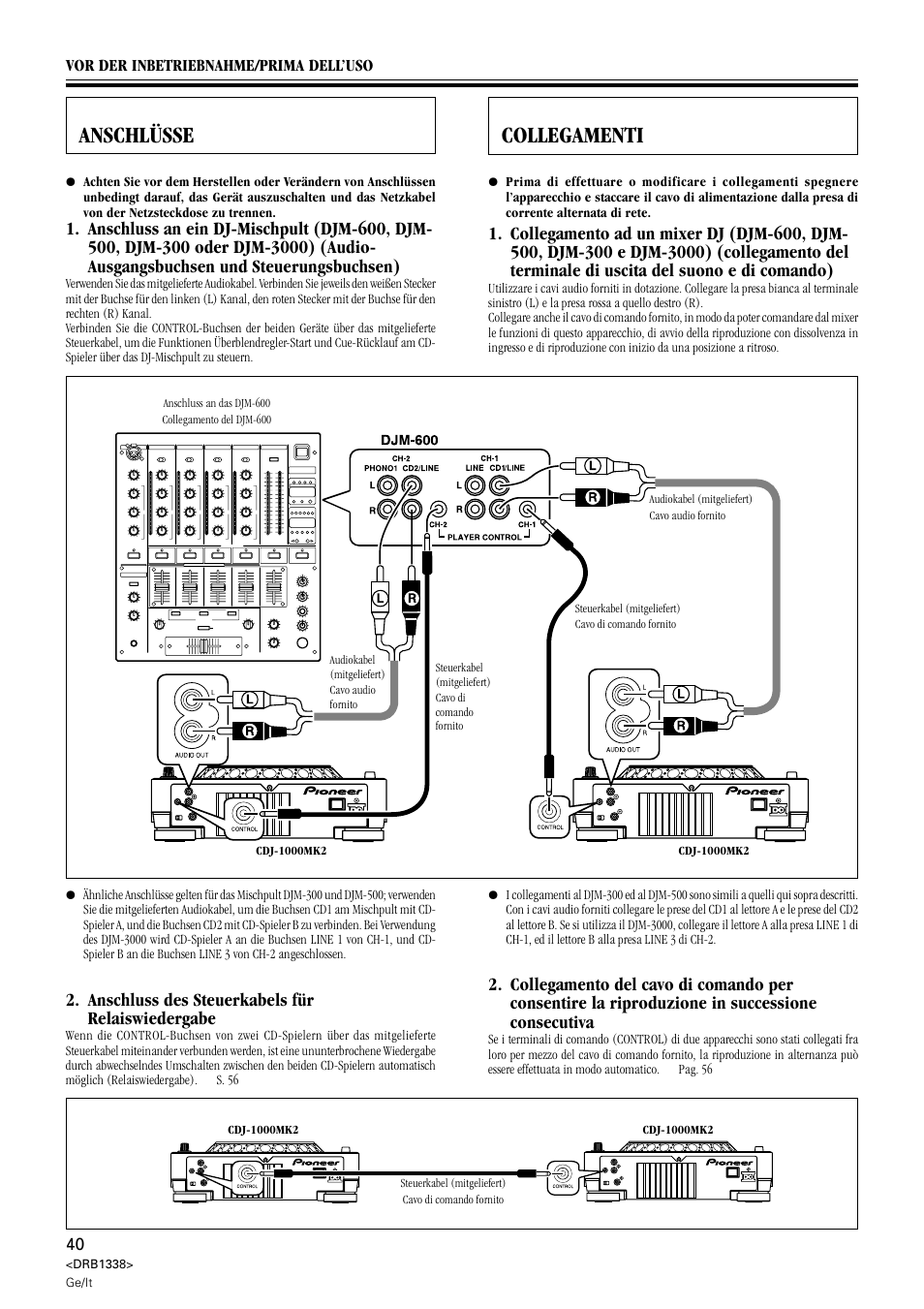 Anschlüsse, Collegamenti, Anschluss des steuerkabels für relaiswiedergabe | Pioneer CDJ-1000 MK2 User Manual | Page 40 / 96