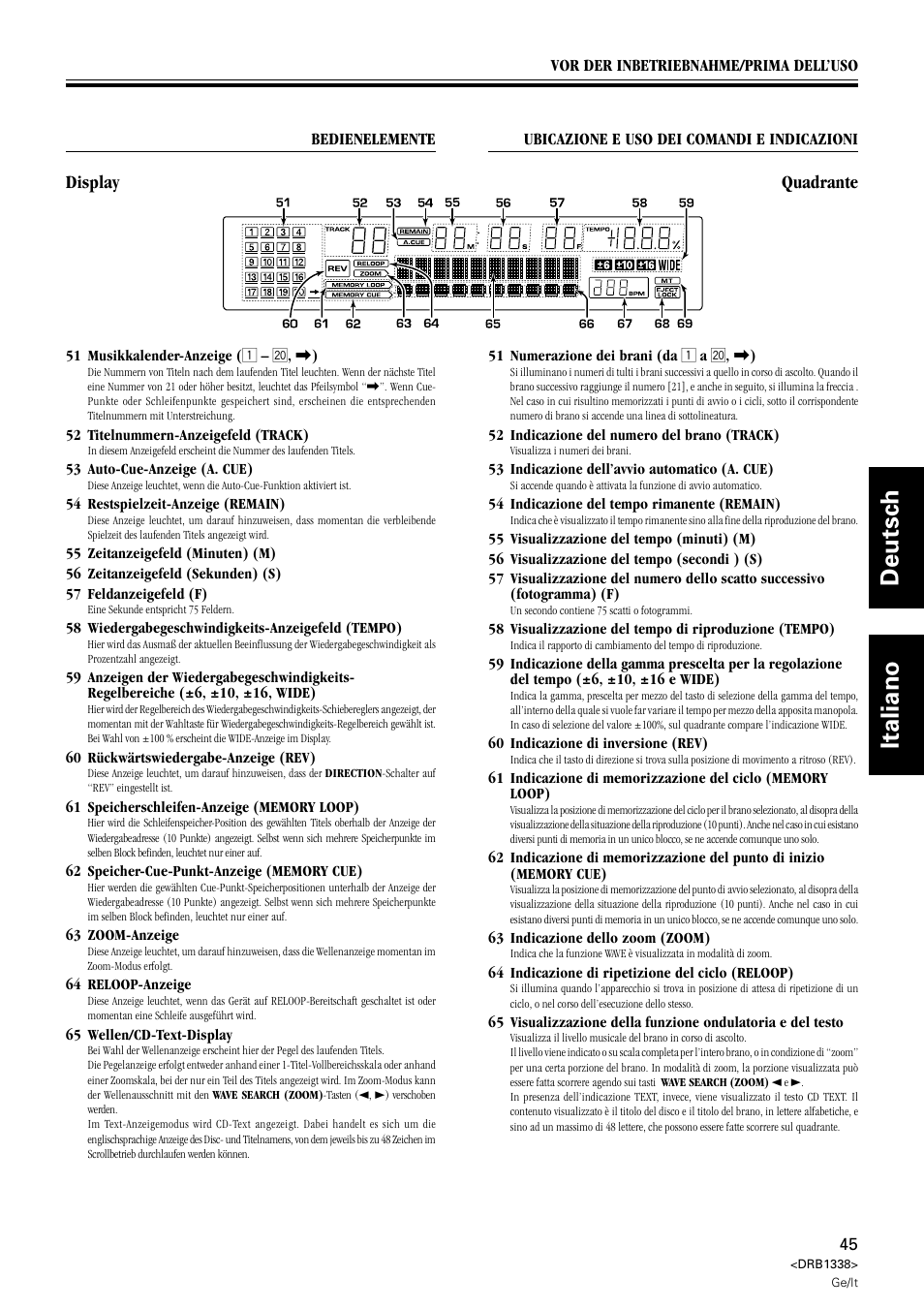 Display, Quadrante, Deutsch italiano | Pioneer CDJ-1000 MK2 User Manual | Page 45 / 96