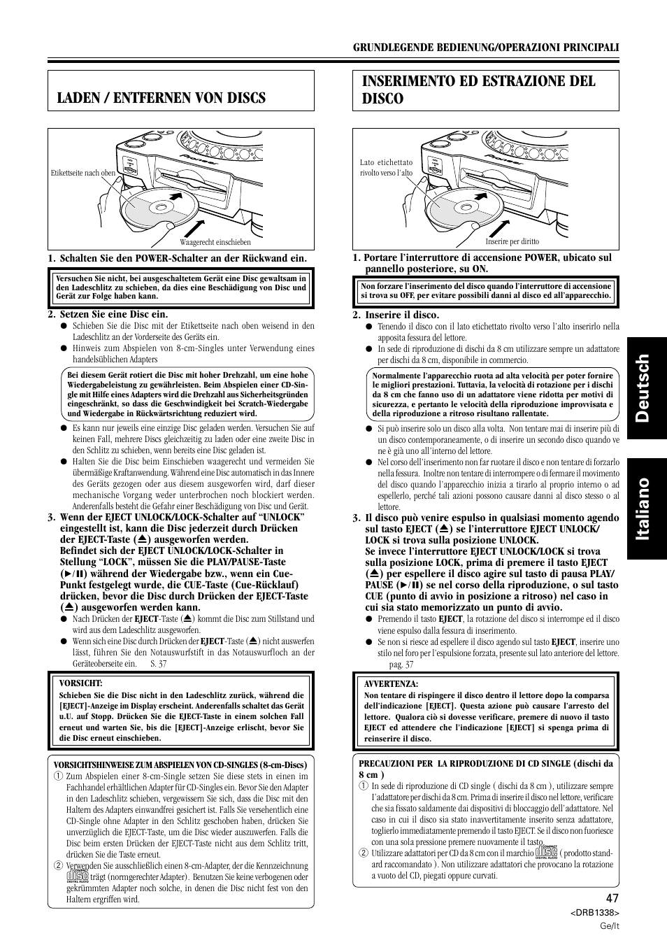 Laden/entfernen von discs, Inserimento ed estrazione del disco, Deutsch italiano | Laden / entfernen von discs | Pioneer CDJ-1000 MK2 User Manual | Page 47 / 96