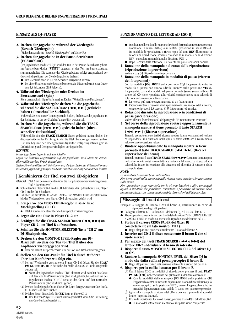 Kombinieren der titel von zwei cd-spielern, Missaggio di brani diversi | Pioneer CDJ-1000 MK2 User Manual | Page 52 / 96