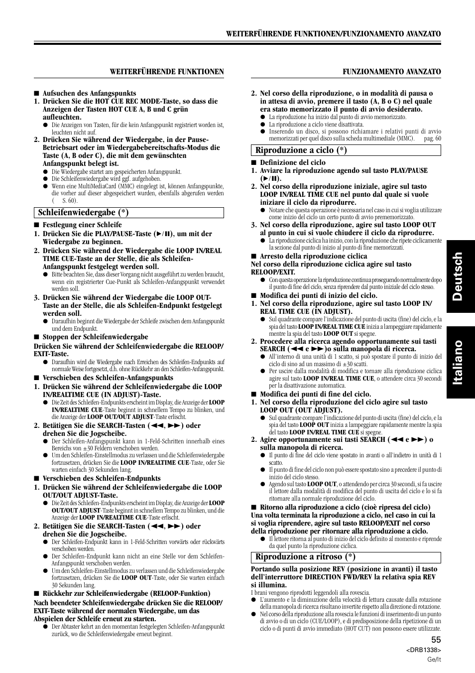 Schleifenwiedergabe, Riproduzione a ciclo riproduzione a ritroso, Deutsch italiano | Riproduzione a ciclo (*), Schleifenwiedergabe (*), Riproduzione a ritroso (*) | Pioneer CDJ-1000 MK2 User Manual | Page 55 / 96