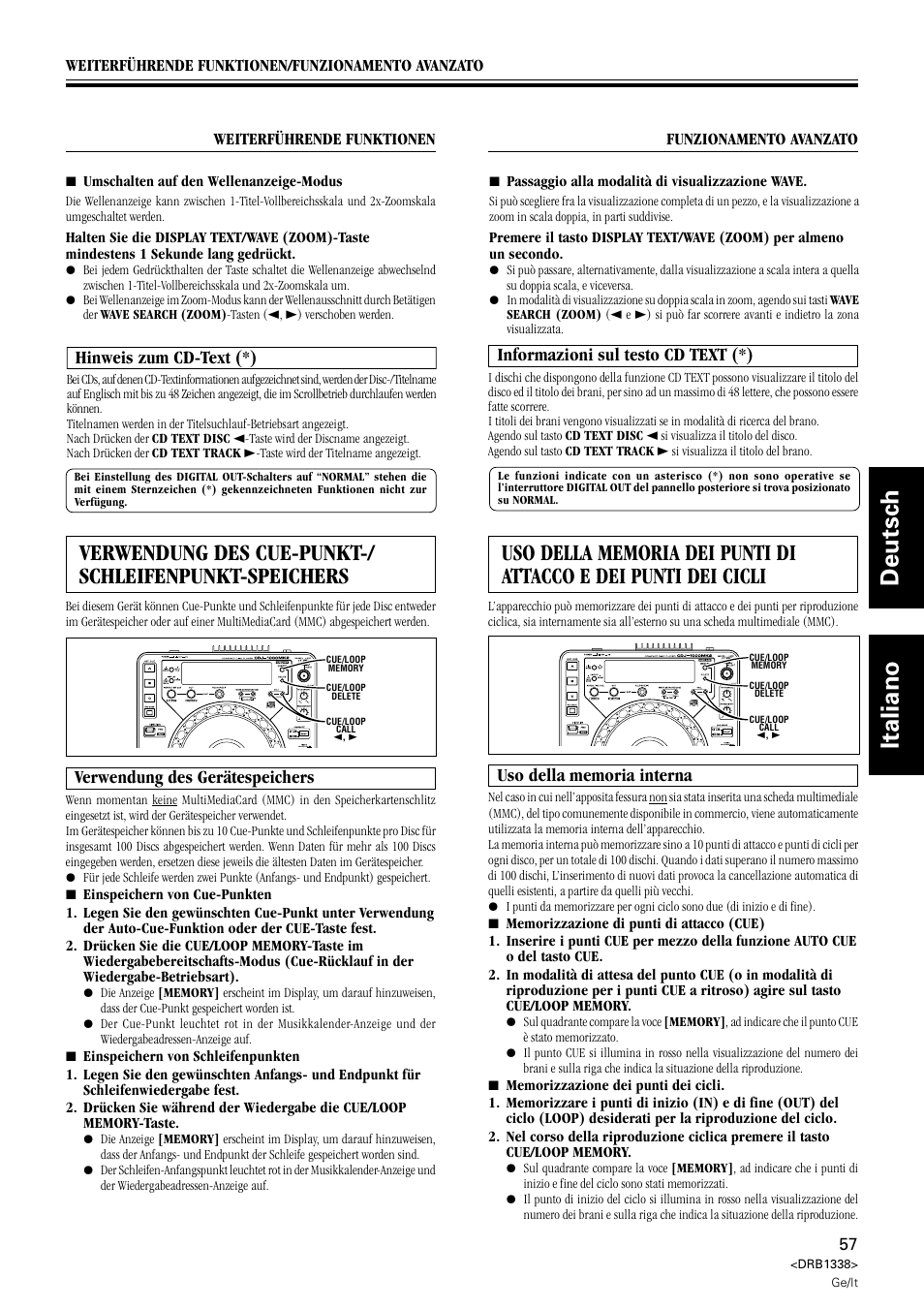 Hinweis zum cd-text, Verwendung des cue-punkt-/schleifenpunkt-speichers, Verwendung des gerätespeichers | Informazioni sul testo cd text, Uso della memoria interna, Deutsch italiano, Hinweis zum cd-text (*), Informazioni sul testo cd text (*) | Pioneer CDJ-1000 MK2 User Manual | Page 57 / 96